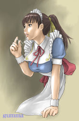 Rule 34 | 1girl, breasts, brown hair, cum, cum in mouth, gradient background, kisaragi gunma, maid, ponytail, solo