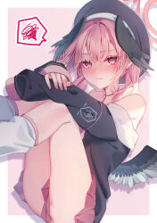 Rule 34 | 1girl, beret, birthmark, black hat, black shirt, black wings, blue archive, blush, closed mouth, embarrassed, feathered wings, halo, hat, head wings, highres, khr 39, knees up, koharu (blue archive), long sleeves, looking at viewer, low wings, pink eyes, pink hair, pink halo, shirt, solo, spoken squiggle, squiggle, twintails, wings