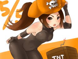 Rule 34 | 1girl, arc system works, blush, bodysuit, breasts, brown eyes, brown hair, covered erect nipples, fingerless gloves, gloves, guilty gear, hat, highres, long hair, may (guilty gear), open mouth, pantyhose, pirate, pirate hat, sakushin, skull and crossbones