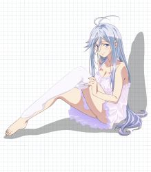 Rule 34 | 1girl, 86 -eightysix-, antenna hair, bare legs, bare shoulders, breasts, cleavage, full body, grey eyes, grid background, highres, knees up, leg up, lingerie, long hair, official art, shadow, silver hair, single thighhigh, solo, spaghetti strap, thighhighs, thighs, underwear, vladilena millize