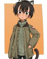 Rule 34 | :3, animal ears, bike shorts, black hair, cat ears, cat tail, closed mouth, dark-skinned female, dark skin, emblem, fankupl, highres, jacket, kullamas blengkam, looking at viewer, military, military uniform, short hair, shorts, solo, strike witches, sweater, tail, uniform, world witches series