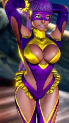 Rule 34 | 1girl, 3d, absurdres, artist request, breasts, cleavage, cleavage cutout, clothing cutout, cosplay, curvy, dark-skinned female, dark skin, egyptian, female focus, highleg, highleg leotard, highres, leotard, lips, looking to the side, menat, ponytail, purple hair, rainbow mika (cosplay), revealing clothes, ryona, screencap, shiny skin, smile, solo, street fighter, street fighter v, thong leotard, wide hips