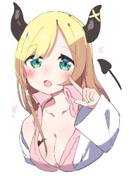 Rule 34 | 1girl, :d, absurdres, blonde hair, blush, breasts, cleavage, collared shirt, commentary request, demon girl, demon horns, demon tail, green eyes, hair ornament, hand up, heart, highres, hololive, horns, lab coat, long hair, long sleeves, medium breasts, off shoulder, okota mikan, open mouth, pink shirt, shirt, simple background, sleeveless, sleeveless shirt, sleeves past wrists, smile, solo, tail, tail raised, virtual youtuber, white background, x hair ornament, yuzuki choco, yuzuki choco (1st costume)