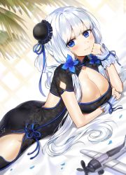 Rule 34 | 1girl, aircraft, airplane, alternate costume, ass, azur lane, black dress, blue eyes, blush, breasts, china dress, chinese clothes, cleavage, dress, elbow rest, gijang, gloves, hair bun, hair ornament, hair ribbon, hand on own face, illustrious (azur lane), large breasts, long hair, looking at viewer, lying, mole, mole under eye, on stomach, pelvic curtain, ribbon, side bun, side slit, sidelocks, single side bun, smile, solo, thighhighs, thighs, tress ribbon, twintails, white hair