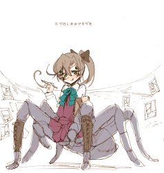 Rule 34 | 1girl, :q, akigumo (kancolle), arachne, arthropod girl, blue bow, blue bowtie, blush, bow, bowtie, brown bow, dress, green eyes, hair bow, highres, holding, holding pen, insect girl, kantai collection, long sleeves, looking at viewer, monster girl, monsterification, nib pen (object), pen, ponytail, red dress, shirt, smile, solo, spider girl, taur, tongue, tongue out, white shirt, z-ton