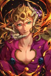 Rule 34 | 1girl, absurdres, blonde hair, closed mouth, clothing cutout, earrings, giorno giovanna, gold experience, green eyes, highres, jacket, jewelry, jojo no kimyou na bouken, lips, long hair, long sleeves, looking at viewer, muscular, muscular male, pink jacket, smile, solo, stand (jojo), upper body, vento aureo, watawata nr (siroraku), wavy hair