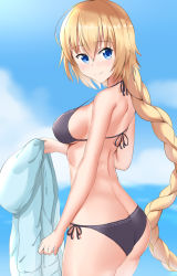 Rule 34 | 1girl, absurdres, ass, bad id, bad pixiv id, bare arms, bare shoulders, bikini, black bikini, blonde hair, blue eyes, blue jacket, blue sky, blurry, blurry background, blush, braid, breasts, closed mouth, cloud, commentary request, day, depth of field, fate/grand order, fate (series), hair between eyes, halterneck, highres, holding, holding clothes, holding jacket, jacket, unworn jacket, jeanne d&#039;arc (fate), jeanne d&#039;arc (ruler) (fate), jeanne d&#039;arc (swimsuit archer) (fate), jeanne d&#039;arc (swimsuit archer) (first ascension) (fate), kirikan (cokekiri), large breasts, long hair, looking at viewer, looking to the side, outdoors, side-tie bikini bottom, sidelocks, single braid, sky, smile, solo, swimsuit, very long hair