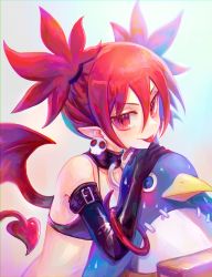 Rule 34 | 1girl, :p, absurdres, bangle, bare shoulders, bat wings, bird, black bra, black gloves, bloom, blurry, bra, bracelet, breasts, demon tail, depth of field, disgaea, earrings, elbow gloves, etna (disgaea), gloves, grey background, hair between eyes, hands up, head rest, highres, jewelry, looking at viewer, penguin, penguinbigbro, pointy ears, pointy hair, red eyes, red hair, short hair, simple background, skull earrings, slit pupils, small breasts, solo, stuffed toy, tail, tongue, tongue out, two side up, underwear, upper body, v-shaped eyebrows, wings