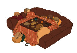 Rule 34 | 6+girls, back-to-back, book, book on head, brown hair, brown upholstery, card, cat, closed eyes, controller, couch, cup, floor couch, food, fruit, hasha, kotatsu, lying, mandarin orange, mug, multiple girls, notebook, object on head, on back, on side, on stomach, orange hair, orange peel, original, pencil, pillow, playing card, remote control, simple background, sleeping, table, tail, teabag, under kotatsu, under table, white background