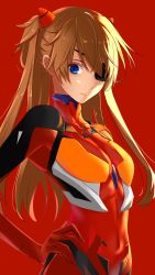 Rule 34 | 1girl, absurdres, blue eyes, bodysuit, breasts, brown hair, closed mouth, covered navel, eyepatch, hair between eyes, hand on own hip, headgear, highres, long hair, looking at viewer, marumai, neon genesis evangelion, plugsuit, rebuild of evangelion, red background, red bodysuit, shiny clothes, simple background, skin tight, small breasts, solo, souryuu asuka langley, standing, swept bangs, turtleneck, twintails, upper body, very long hair, wide hips