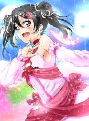 Rule 34 | 1girl, :d, black hair, blush, bokutachi wa hitotsu no hikari, choker, detached sleeves, dress, feathers, flower, frilled sleeves, frills, glowing feather, hair flower, hair ornament, hair ribbon, looking at viewer, love live!, love live! school idol project, m/, open mouth, pink dress, pink feathers, red choker, red eyes, ribbon, sash, shogo (4274732), smile, solo, sparkle, striped neckwear, twintails, yazawa nico