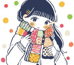 Rule 34 | 1girl, black eyes, black hair, blush stickers, closed mouth, green scarf, hair behind ear, hair ornament, hairpin, hands on own chest, highres, humi natsu, jacket, long bangs, long hair, long sleeves, looking down, multicolored clothes, multicolored scarf, orange scarf, original, polka dot, polka dot background, red scarf, scarf, simple background, smile, solo, straight hair, upper body, white background, white jacket, wispy bangs