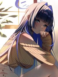 Rule 34 | 1girl, blue eyes, blue hair, blue halo, blunt bangs, breasts, clothing cutout, colored inner hair, finger to mouth, from side, hair intakes, halo, highres, hololive, hololive english, indoors, large breasts, long hair, long sleeves, looking at viewer, multicolored hair, ouro kronii, pants, plant, potted plant, ribbed sweater, sachichuu, shoulder cutout, sleeves past wrists, solo, sweater, turtleneck, turtleneck sweater, very long hair, virtual youtuber, white pants, window, yellow sweater