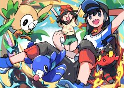 Rule 34 | 1boy, 1girl, :d, ^ ^, absurdres, arms up, black hair, black headwear, blue footwear, blue shirt, capri pants, closed eyes, commentary request, creatures (company), day, elio (pokemon), game freak, gen 7 pokemon, grey eyes, hair between eyes, hat, highres, holding, holding poke ball, litten, nintendo, open mouth, outdoors, pants, poke ball, poke ball (basic), pokefia, pokemon, pokemon (creature), pokemon sm, popplio, rowlet, selene (pokemon), shirt, shoes, short sleeves, smile, starter pokemon trio, striped clothes, striped shirt, t-shirt