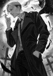 Rule 34 | 1boy, belt, bird, black coat, black necktie, black pants, chainsaw man, cigarette, coat, collared shirt, crow, domiiomii, ear piercing, facial hair, falling feathers, feathers, formal, grey hair, greyscale, hand in pocket, highres, holding, holding cigarette, kishibe (chainsaw man), looking to the side, monochrome, necktie, pants, piercing, shirt, shirt tucked in, short hair, simple background, smoke, solo, stitched face, stitched mouth, stitches, stubble, suit, tombstone, white background, white shirt