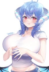 Rule 34 | 1girl, absurdres, blue hair, blue pants, breasts, demon girl, demon horns, demon wings, highres, horns, huge breasts, jingo, long hair, looking at viewer, original, pants, red eyes, shirt, smile, solo, sweatdrop, tongue, tongue out, vrchat, white background, white shirt, wings