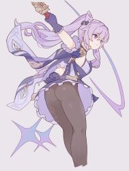 Rule 34 | 1girl, absurdres, ass, black pantyhose, genshin impact, gloves, highres, holding, holding sword, holding weapon, keqing (genshin impact), long hair, origami gyokuo, pantyhose, purple eyes, purple gloves, purple hair, solo, sword, weapon