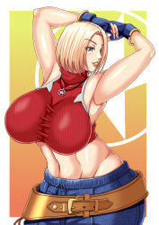 Rule 34 | 1girl, arm up, belt, blonde hair, blue mary, breasts, fatal fury, gloves, highres, huge breasts, snk, solo, the king of fighters