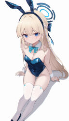 Rule 34 | 1girl, absurdres, animal ears, blonde hair, blue archive, blue bow, blue bowtie, blue eyes, blue hair, blue leotard, blush, bow, bowtie, braid, breasts, cleavage, closed mouth, detached collar, fake animal ears, feet out of frame, groin, highres, leotard, long hair, looking at viewer, medium breasts, multicolored hair, official alternate costume, rabbit ears, simple background, solo, streaked hair, thighhighs, toki (blue archive), toki (bunny) (blue archive), usagi (786113654), white background, white thighhighs, wrist cuffs