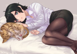 Rule 34 | 1girl, alternate costume, black hair, black pantyhose, black skirt, blue eyes, cat, collared shirt, commentary request, kaban (kemono friends), kemono friends, long sleeves, lying, no headwear, no shoes, office lady, on bed, on side, pantyhose, pencil skirt, petting, shirt, short hair, skirt, solo, tadano magu, white shirt