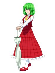 Rule 34 | 1girl, absurdres, ascot, closed umbrella, collared shirt, commentary, green hair, highres, kazami yuuka, long sleeves, open clothes, open vest, parasol, plaid, plaid skirt, plaid vest, red eyes, red footwear, red skirt, red vest, shirt, shoes, simple background, skirt, skirt set, smile, solo, tatsu toyoyo, touhou, umbrella, vest, white background, white shirt, yellow ascot