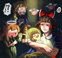 Rule 34 | !?, 3girls, :d, absurdres, black eyes, black hair, black shirt, blonde hair, bottle, bow, braid, braided ponytail, brown horns, cili (cookie), closed mouth, comfy (cookie), commentary request, constricted pupils, cookie (touhou), cowboy shot, earrings, emoji, fang, hair bow, hair ornament, hair tubes, hairclip, hakurei reimu, halo, highres, holding, holding bottle, horns, ibuki suika, jacket, jewelry, joy emoji, kaiben-san tarou, kirisame marisa, long hair, medium bangs, multiple girls, musical note, open mouth, orange hair, purple jacket, red bow, shirt, single braid, smile, stained clothes, star (symbol), star earrings, star hair ornament, teeth, touhou, web (cookie), white bow