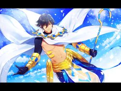Rule 34 | 1boy, abs, ahoge, bare pectorals, black gloves, brown hair, cape, cloud, dark-skinned male, dark skin, egyptian, egyptian clothes, expressionless, fate/grand order, fate/prototype, fate/prototype: fragments of blue and silver, fate (series), gauntlets, gloves, gpnet, hair between eyes, highres, holding, holding staff, jewelry, letterboxed, looking at viewer, male focus, muscular, necklace, ozymandias (fate), pectorals, shrug (clothing), sky, solo, staff, topless male, white cape, yellow eyes