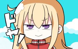 Rule 34 | 1girl, :&gt;, blonde hair, blue sky, closed mouth, cloud, commentary request, gabriel dropout, gabriel tenma white, hair between eyes, half-closed eyes, hana kazari, highres, jacket, long hair, looking at viewer, purple eyes, red jacket, sky, solo, track jacket, trait connection, translation request