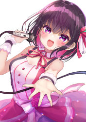 Rule 34 | 1girl, :d, :o, azki (3rd costume) (hololive), azki (hololive), beckoning, black hair, blush, bow, chocomarybadend, colored inner hair, detached collar, dress, dress bow, facial mark, hair ribbon, happy tears, holding, holding microphone, hololive, idol, looking at viewer, microphone, multicolored hair, music, open mouth, pink dress, pink hair, purple eyes, reaching, reaching towards viewer, ribbon, sash, shirt, short hair, simple background, singing, sleeveless, sleeveless dress, smile, solo, tearing up, tears, teeth, two-tone hair, upper teeth only, virtual youtuber, white background, white shirt, wing collar