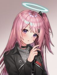 Rule 34 | 1girl, ambriel (arknights), arknights, black jacket, blush, commentary, food, gradient background, grey background, grey shirt, halo, hand up, highres, holding, jacket, long hair, looking at viewer, milcona, one side up, parted lips, pink hair, purple eyes, shirt, solo, upper body