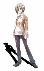 Rule 34 | 1girl, beige sweater, black pants, blazer, bob cut, brown eyes, brown footwear, brown jacket, earrings, eyelashes, eyes visible through hair, full body, high collar, highres, idolmaster, idolmaster cinderella girls, ishii takuma, jacket, jewelry, legs apart, light brown hair, long sleeves, looking away, looking to the side, open clothes, open jacket, pants, parted bangs, parted lips, shadow, shiomi syuko, shoes, short hair, simple background, solo, standing, stud earrings, sweater, turtleneck, turtleneck sweater, white background
