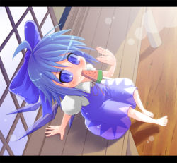 Rule 34 | 1girl, barefoot, blue eyes, blue hair, blush, bow, cirno, hair bow, hot, letterboxed, matching hair/eyes, md5 mismatch, mouth hold, popsicle, razy (skuroko), short hair, sitting, solo, embodiment of scarlet devil, touhou, veranda, watermelon bar, wings