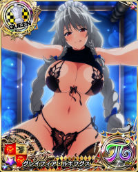 Rule 34 | 1girl, braid, breasts, card (medium), chess piece, cleavage, grayfia lucifuge, grey hair, high school dxd, high school dxd hero, large breasts, licking lips, long hair, looking at viewer, maid headdress, mature female, navel, official art, queen (chess), red eyes, thighhighs, tongue, tongue out, twin braids