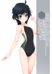 Rule 34 | 1girl, ahoge, artist name, black hair, black one-piece swimsuit, blush, character name, collarbone, commentary request, competition swimsuit, cowboy shot, flat chest, green eyes, highres, inaba shiki, kantai collection, looking at viewer, matsukaze (kancolle), multicolored clothes, multicolored swimsuit, one-piece swimsuit, parted lips, short hair, simple background, solo, striped clothes, striped one-piece swimsuit, swept bangs, swimsuit, tsurime, vertical-striped clothes, vertical-striped one-piece swimsuit, wavy hair, white background