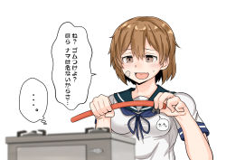 Rule 34 | 1girl, bandaid, bandaid on face, blue sailor collar, blurry, brown eyes, brown hair, commentary request, depth of field, kantai collection, oboro (kancolle), sailor collar, school uniform, serafuku, short hair, simple background, solo, stove, takasugi heppu, translation request, tube, upper body, white background