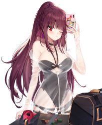 Rule 34 | 1girl, ankkoyom, bag, bare shoulders, black one-piece swimsuit, blunt bangs, blush, breasts, cellphone, choker, cleavage, cosmetics, girls&#039; frontline, highres, lipstick tube, long hair, looking at viewer, official alternate costume, one-piece swimsuit, one eye closed, phone, ponytail, purple hair, red eyes, see-through, simple background, smartphone, solo, swimsuit, swimsuit under clothes, wa2000 (girls&#039; frontline), wa2000 (op. manta ray) (girls&#039; frontline), white background