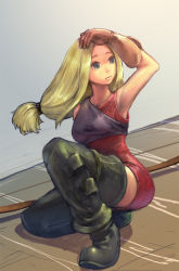Rule 34 | 1girl, archer (fft), armpits, blonde hair, blue eyes, boots, bow (weapon), dress, final fantasy, final fantasy tactics, long hair, low-tied long hair, muneate, on one knee, ponytail, roten, short dress, solo, thigh boots, thighhighs, weapon