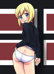 Rule 34 | 1girl, ass, blonde hair, blue eyes, blush, breasts, butt crack, erica hartmann, grin, gunshou, looking at viewer, no pants, panties, short hair, small breasts, smile, solo, strike witches, underwear, white panties, world witches series