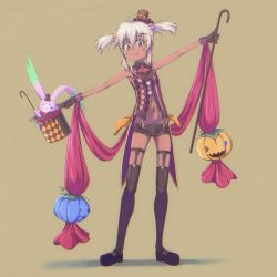 Rule 34 | 1girl, black gloves, closed mouth, dark-skinned female, dark skin, full body, gloves, halloween, hat, highres, kaien advance, long hair, looking at viewer, navel, official alternate costume, short shorts, shorts, simple background, smile, solo, souffle rosetti, star ocean, star ocean anamnesis, star ocean till the end of time, thighhighs, top hat, white hair
