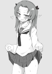 Rule 34 | 1girl, blouse, blush, bow, clothes lift, commentary, cowboy shot, girls und panzer, greyscale, grin, hair bow, half-closed eyes, heart, kadotani anzu, lifted by self, long hair, long sleeves, looking at viewer, miniskirt, monochrome, neckerchief, ngc20701, ooarai school uniform, parted bangs, pleated skirt, school uniform, serafuku, shirt, skirt, skirt lift, smile, solo, standing, sweat, twintails
