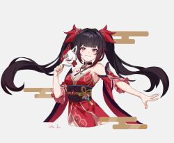 Rule 34 | 1girl, :d, black hair, bow, criss-cross halter, detached sleeves, dress, egasumi, floating hair, fox mask, grin, hair bow, halterneck, hand up, holding, holding mask, honkai: star rail, honkai (series), linurahara, long bangs, long hair, looking at viewer, mask, o-ring, obi, open mouth, outstretched arm, pink eyes, red bow, red dress, red sleeves, sash, short sleeves, sidelocks, signature, simple background, sleeveless, sleeveless dress, smile, solo, sparkle (honkai: star rail), teeth, twintails, white background