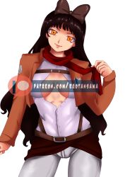 Rule 34 | 1girl, absurdres, alternate costume, blake belladonna, blouse, breasts, breasts apart, cowboy shot, crossover, half-closed eyes, halloween costume, head tilt, highres, long hair, mikasa ackerman, no bra, open clothes, open shirt, pinup (style), rwby, self-upload, shirt, simple background, solo, standing, very long hair, watermark, web address, white background, white shirt