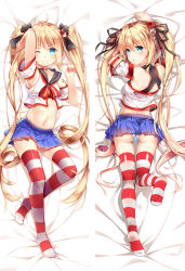 Rule 34 | 1girl, :o, ;), andrea doria (warship girls r), ass, bare shoulders, black ribbon, blonde hair, blue eyes, blue skirt, dakimakura (medium), detached sleeves, dice hair ornament, full body, hair ornament, hair ribbon, italian flag, long hair, looking at viewer, lying, midriff, miniskirt, multiple views, navel, on back, on stomach, one eye closed, open mouth, panties, pleated skirt, ribbon, sailor collar, skirt, smile, striped clothes, striped thighhighs, thighhighs, twintails, underwear, very long hair, warship girls r, white panties, xia xiang (ozicha)