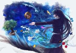Rule 34 | 1girl, bad id, bad pixiv id, bird, black hair, blue eyes, blue flower, blue rose, blue theme, bug, butterfly, dolphin, feathers, fish, flower, from behind, globe, bug, lily (flower), lily of the valley, long hair, original, outstretched arm, pink flower, pink rose, planet, profile, robinexile, rose, solo, star (sky), surreal, tree, very long hair