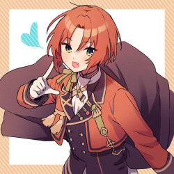 Rule 34 | 1boy, amagi hana, cropped jacket, cross tie, curtained hair, ensemble stars!, fang, gloves, green eyes, hair ribbon, heart, highres, index finger raised, long hair, long sleeves, looking at viewer, low ponytail, male focus, open mouth, orange hair, parted bangs, ribbon, smile, solo, tassel, tsukinaga leo