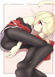 Rule 34 | 1girl, ahoge, arm between legs, ass, bags under eyes, bare shoulders, black pantyhose, black skirt, blonde hair, brown background, closed mouth, commentary request, feet out of frame, frills, glasses, hair over one eye, highres, long sleeves, looking at viewer, lying, no shoes, off shoulder, ogami kazuki, on side, original, panties, panties under pantyhose, pantyhose, pointy ears, skirt, soles, solo, thighband pantyhose, underwear, wide sleeves