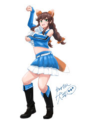 Rule 34 | 1girl, alternate costume, animal ears, black footwear, blue shirt, blue skirt, boots, braid, bridal gauntlets, brown hair, cheerleader, commentary request, fox ears, fox tail, full body, green eyes, heads together, highres, kaminashi yamato, kantai collection, kitsune dance, layered skirt, looking at viewer, midriff, noshiro (kancolle), paw pose, shirt, signature, simple background, skirt, sleeveless, sleeveless shirt, solo, sweat, swept bangs, tail, twin braids, white background