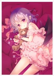 Rule 34 | 1girl, :o, absurdres, aogiri sei, bare shoulders, bat wings, bloomers, blush, cowboy shot, hair ribbon, highres, holding, holding stuffed toy, light purple hair, looking at viewer, lying, no headwear, off-shoulder shirt, off shoulder, parted lips, pink bloomers, pink ribbon, pink shirt, pointy ears, red eyes, remilia scarlet, ribbon, scan, shirt, short hair, solo, stuffed animal, stuffed toy, teddy bear, thighs, touhou, underwear, wings, wrist cuffs