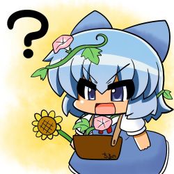 Rule 34 | 1girl, ?, basket, blue eyes, blue hair, chibi, cirno, commentary request, dress, flower, hair between eyes, hidden star in four seasons, leaf, neck ribbon, open mouth, plant, puffy short sleeves, puffy sleeves, ribbon, short hair, short sleeves, solo, sunflower, tan, tanned cirno, touhou, translated, vines, yamato damashi