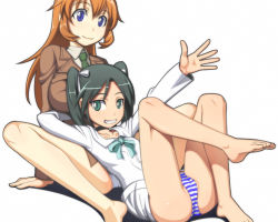 Rule 34 | 00s, 2girls, barefoot, black hair, bottomless, caryo, charlotte e. yeager, choker, feet, francesca lucchini, legs, long legs, looking at viewer, multiple girls, nanashino, no pants, panties, pantyshot, smile, strike witches, striped clothes, striped panties, toes, twintails, underwear, waving, world witches series
